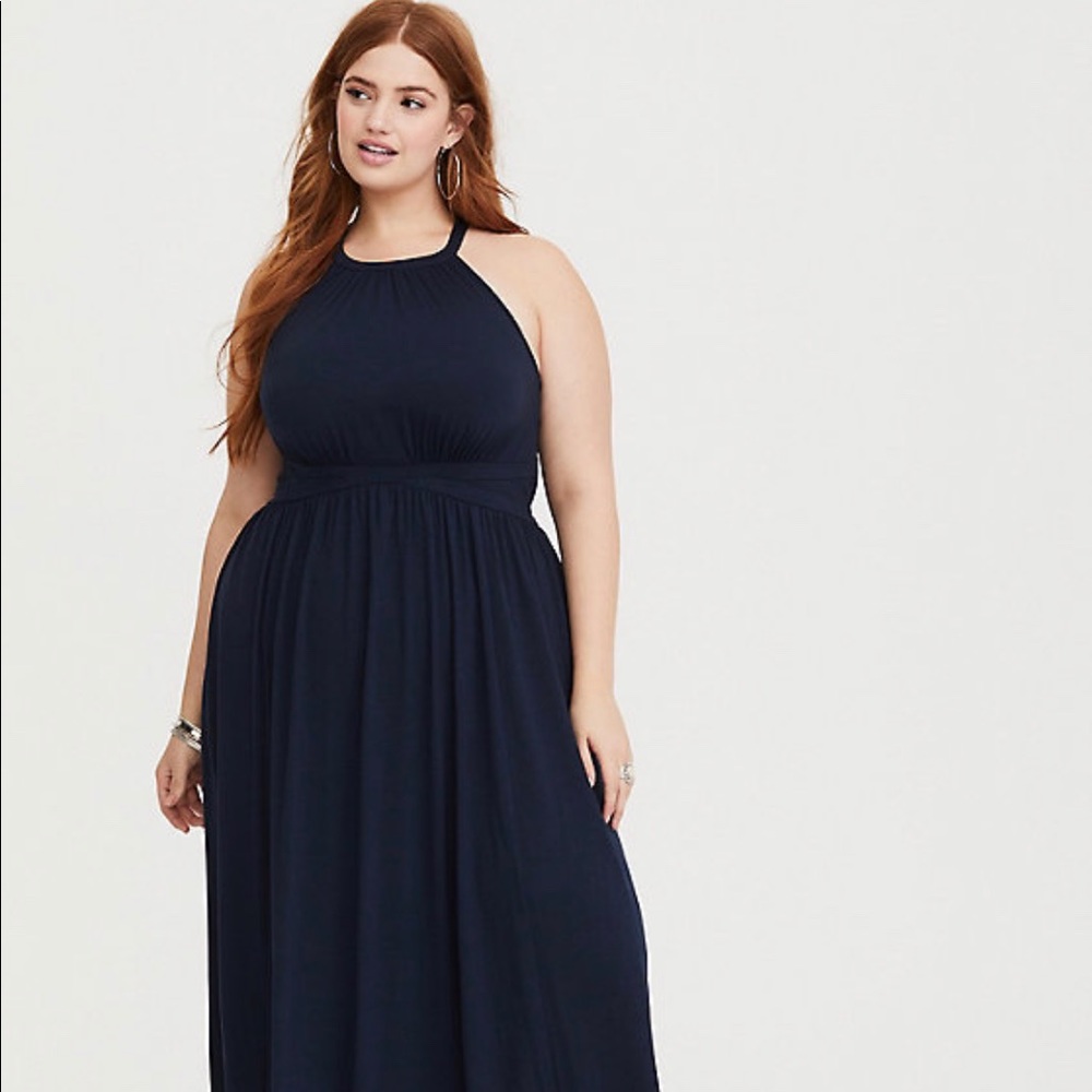 NAVY HIGH NECK JERSEY MAXI DRESS (SHORT)
